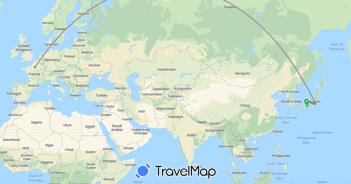 TravelMap itinerary: driving, bus, plane, train in France, Japan (Asia, Europe)